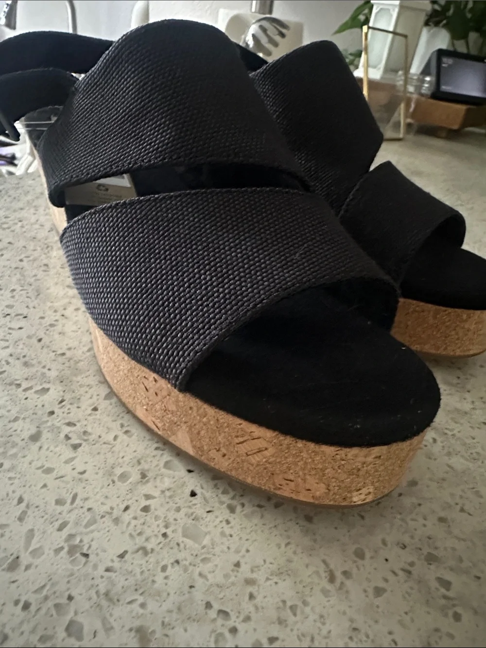 Toms Black Canvas Cork Wedge Slingback Sandals